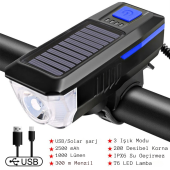 TechTic Güneş Enerejili Bisiklet Feneri Korna Su Geçirmez Solar Scooter Işık Şarj Edilebilir Ön Far (Mavi) - 1