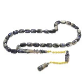 Nipora Gold Renk 925 Ayar Gümüş Püsküllü İmamesı Usta İşçilikli Kapsül Kesim Sedefli Mavi-Beyaz Katalin Tesbih - 1