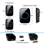 TriLine Ledli Modern 2 Buton 1 Alıcı Kablosuz Kapı Zili 300metre Menzil 60 Çeşit Zil 5 Seviye Ses thumbnail 6