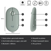 Logitech M350 Pebble Sessiz Kablosuz Kompakt Mouse - Okaliptus - 5