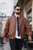 ERKEK BAHARLIK OVERSIZE YAKASI RİBANALI DERİ CEKET - 7