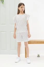 Beyaz Puantiyeli Fırfırlı Bluzlu Kız Çocuk Şortlu Takım 18555 - 4