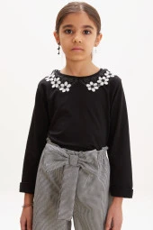 Siyah Dantel Detaylı Bluzlu Fiyonklu Pantolonlu Kız Takım 18163 - 3