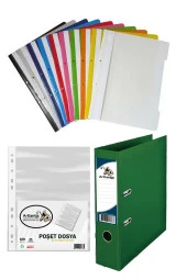 Yeşil Büro Klasörü Telli Dosya ve Poşet Dosya Seti 1 Adet Büro Klasörü 10 Renk Telli Dosya 100 Adet Poşet Dosya - 1