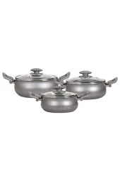 Mehtap Granit Güveç Set 3Lü Granit Mini Tencere Takımı Cam Kapaklı thumbnail 1