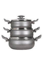 Mehtap Granit Güveç Set 3Lü Granit Mini Tencere Takımı Cam Kapaklı thumbnail 2