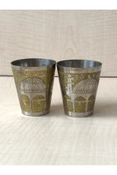2 AET ANTİKA KALEM İŞLEMELİ BARDAK PİRİNÇ BARDAK - 1