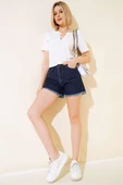 Pileli Paça Püsküllü Kot Şort Koyu Mavi thumbnail 2