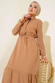 Gizli Yarım Düğmeli Elbise Camel thumbnail 2