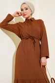 Gizli Yarım Düğmeli Elbise Kahve thumbnail 2