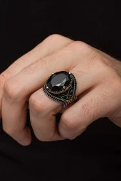 Oval SiyahTaşlı Faset Kesim 925 Gümüş Erkek Yüzük thumbnail 1