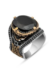 Oval SiyahTaşlı Faset Kesim 925 Gümüş Erkek Yüzük thumbnail 2