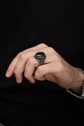 Oval SiyahTaşlı Faset Kesim 925 Gümüş Erkek Yüzük thumbnail 3