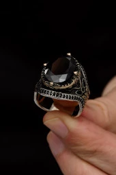 Oval SiyahTaşlı Faset Kesim 925 Gümüş Erkek Yüzük thumbnail 4