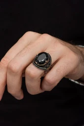 Oval SiyahTaşlı Faset Kesim 925 Gümüş Erkek Yüzük thumbnail 5
