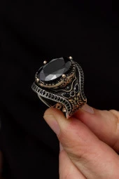 Oval SiyahTaşlı Faset Kesim 925 Gümüş Erkek Yüzük thumbnail 6