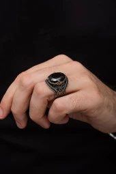 Oval SiyahTaşlı Faset Kesim 925 Gümüş Erkek Yüzük thumbnail 7