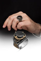 Oval SiyahTaşlı Faset Kesim 925 Gümüş Erkek Yüzük thumbnail 8