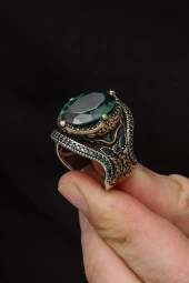 Oval Yeşil Taşlı Faset Kesim 925 Gümüş Erkek Yüzük thumbnail 4