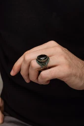 Oval Yeşil Taşlı Faset Kesim 925 Gümüş Erkek Yüzük thumbnail 6