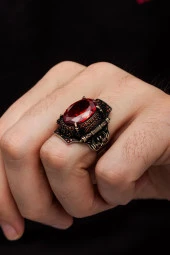 Kırmızı Taşlı Faset Kesim 925 Gümüş Erkek Yüzük thumbnail 1