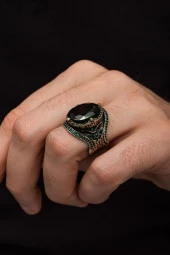 Oval Yeşil Taşlı Faset Kesim 925 Gümüş Erkek Yüzük thumbnail 7