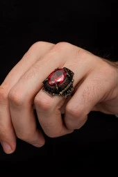 Kırmızı Taşlı Faset Kesim 925 Gümüş Erkek Yüzük thumbnail 3