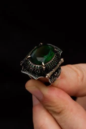 Yeşil Taşlı Faset Kesim 925 Gümüş Erkek Yüzük thumbnail 5