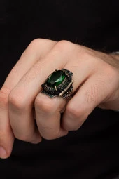 Yeşil Taşlı Faset Kesim 925 Gümüş Erkek Yüzük thumbnail 6