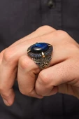 Mavi Kaplan Gözü Taşlı Oval 925 Gümüş Erkek Yüzük thumbnail 1