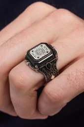 Kare Siyah Taşlı Mührü Süleyman İşleme 925 Gümüş Erkek Yüzük thumbnail 1