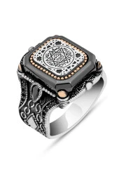 Kare Siyah Taşlı Mührü Süleyman İşleme 925 Gümüş Erkek Yüzük thumbnail 2