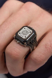 Kare Siyah Taşlı Mührü Süleyman İşleme 925 Gümüş Erkek Yüzük thumbnail 3