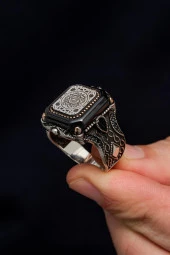 Kare Siyah Taşlı Mührü Süleyman İşleme 925 Gümüş Erkek Yüzük thumbnail 5