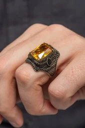 Sarı Sitrin Taşlı 925 Gümüş Erkek Yüzük thumbnail 1
