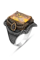 Sarı Sitrin Taşlı 925 Gümüş Erkek Yüzük thumbnail 2