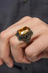 Sarı Sitrin Taşlı 925 Gümüş Erkek Yüzük thumbnail 4