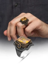 Sarı Sitrin Taşlı 925 Gümüş Erkek Yüzük thumbnail 5