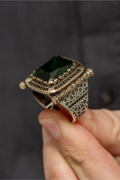 Kare Yeşil Taşlı Faset Kesim 925 Gümüş Erkek Yüzük thumbnail 4