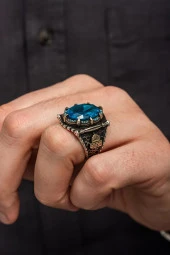 Kubbetül Sahra Mescidi Aksa Motifli Mavi Taşlı 925 Gümüş Erkek Yüzük thumbnail 5