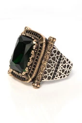 Kare Yeşil Taşlı Faset Kesim 925 Gümüş Erkek Yüzük thumbnail 5