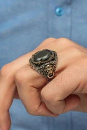 Siyah Taşlı Aslan Başı Kapı Tokmak Modeli 925 Gümüş Erkek Yüzük - 1