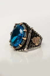 Kubbetül Sahra Mescidi Aksa Motifli Mavi Taşlı 925 Gümüş Erkek Yüzük thumbnail 6