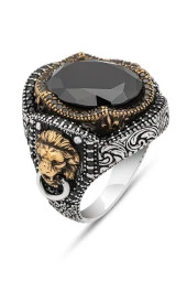 Siyah Taşlı Aslan Başı Kapı Tokmak Modeli 925 Gümüş Erkek Yüzük - 2