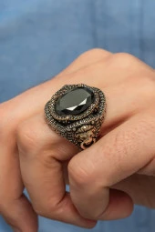 Siyah Taşlı Aslan Başı Kapı Tokmak Modeli 925 Gümüş Erkek Yüzük - 3