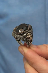 Siyah Taşlı Aslan Başı Kapı Tokmak Modeli 925 Gümüş Erkek Yüzük - 4