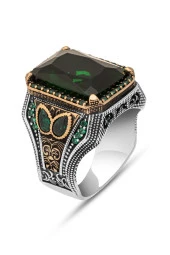 Yeşil Taşlı Faset Kesim 925 Gümüş Erkek Yüzük thumbnail 2