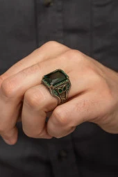 Yeşil Taşlı Faset Kesim 925 Gümüş Erkek Yüzük thumbnail 5