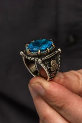 Kubbetül Sahra Mescidi Aksa Motifli Mavi Taşlı 925 Gümüş Erkek Yüzük thumbnail 7