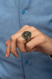 Siyah Taşlı Aslan Başı Kapı Tokmak Modeli 925 Gümüş Erkek Yüzük - 6